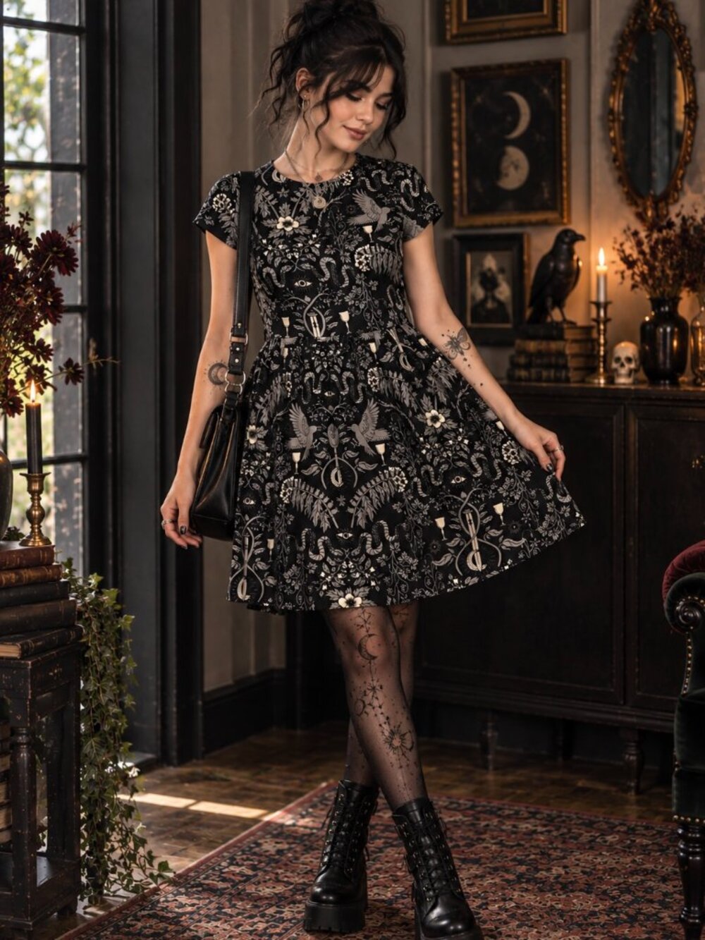 Disturbia Black Occult Snake Raven Floral Skater Dress US 2